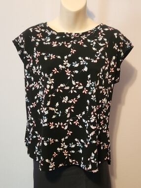 Black Floral Cap-Sleeve Blouse with Pink & Light Blue Accents